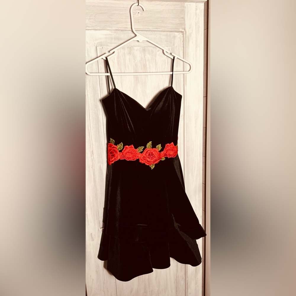 Funky Black Velvet 2 Layer Bottom, strapless, rose embroidery zipper in back